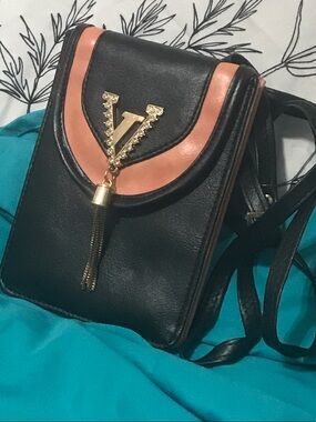 Black and Peach Leatherette Crossbody Bag with Gold V Tassel